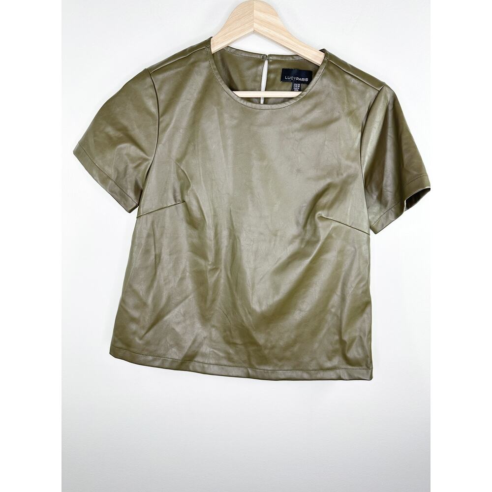 Lucy Paris Womens Green Faux Leather Vegan Tee Top Size XS Edgy Rock Date Night